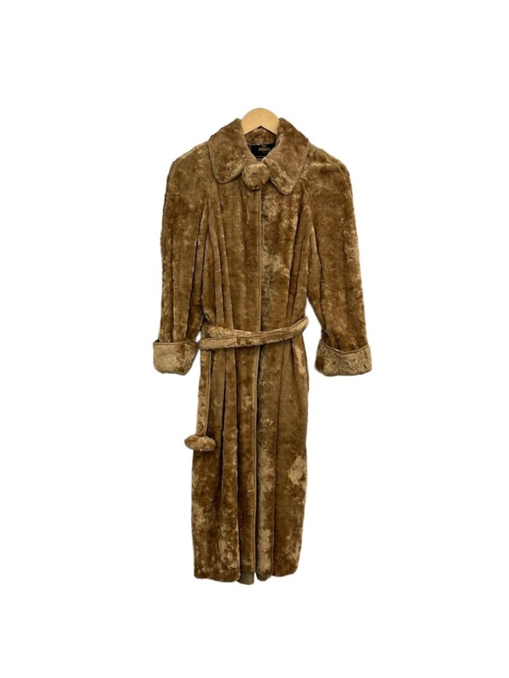 Fendi Coat 40 M Light Brown Long Sleeve Faux Fur with Belt Winter